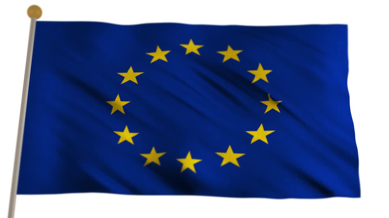 Loop continuo della bandiera ufficiale dell'Unione Europea (UE) con dodici stelle dorate su sfondo blu che sventola. Animazione renderizzata in 3D di alta qualità
