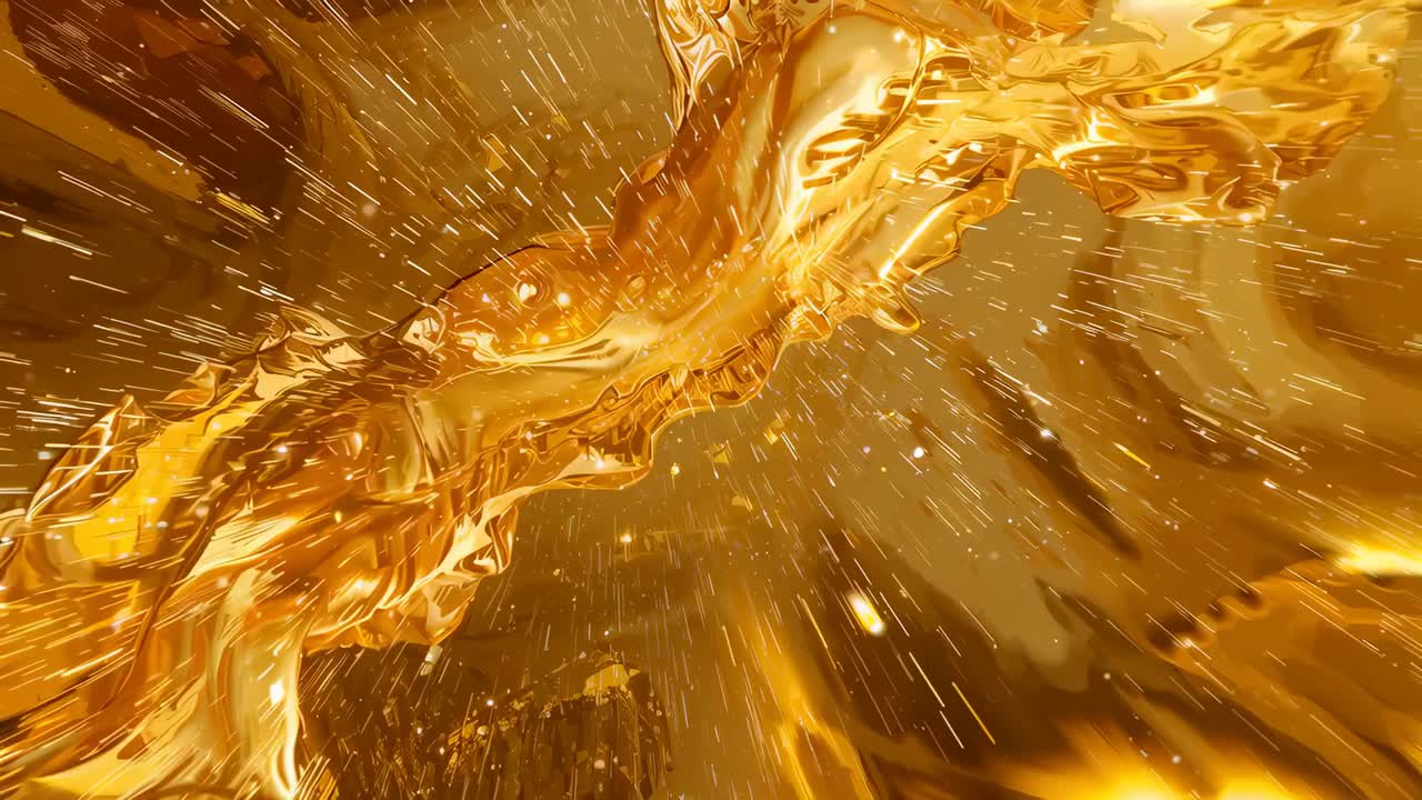 Flowing molten gold forming basin in digital space, camera zooming inward showing bright streaks