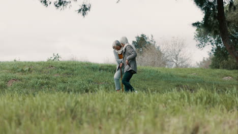 senior woman, friends and walking in park