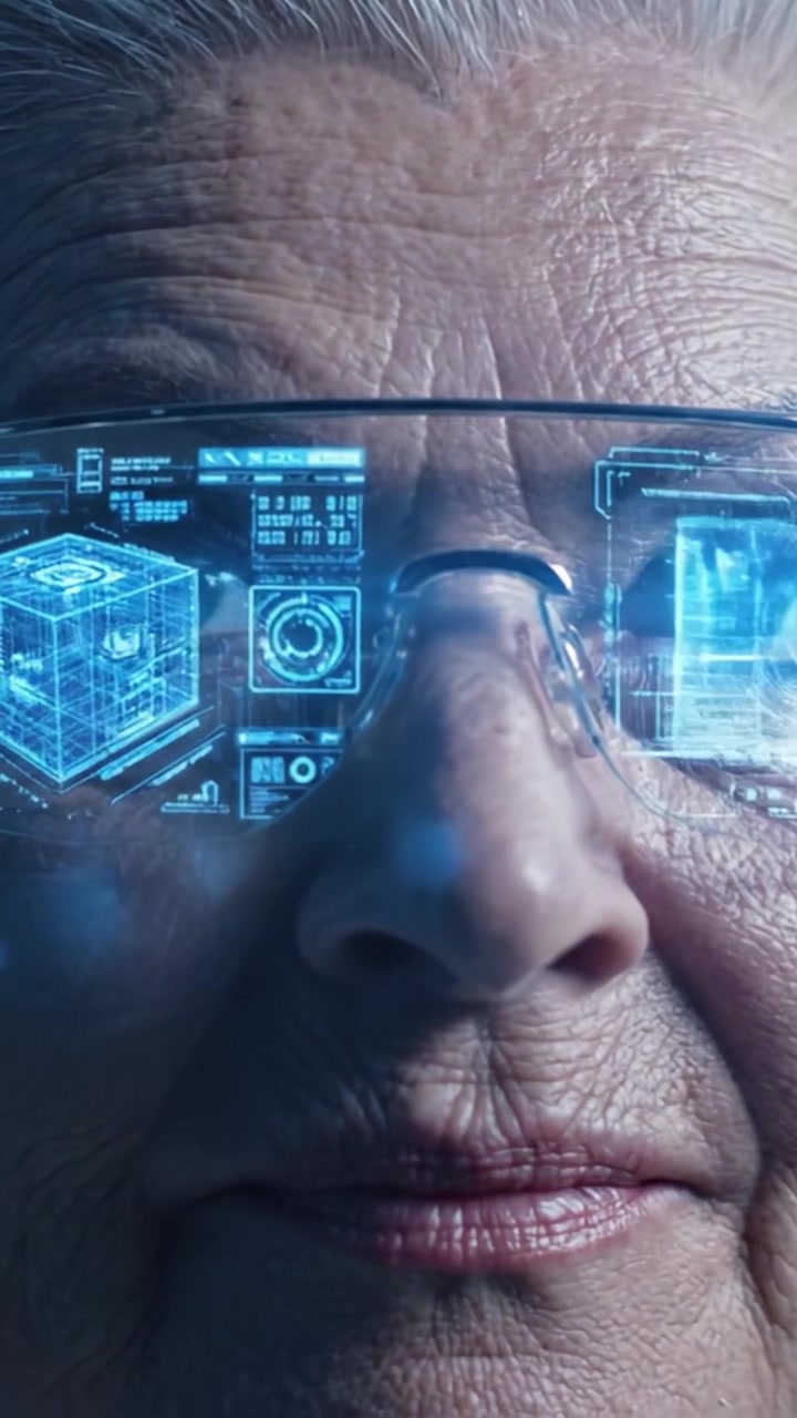 Invecchiare con grazia: il fascino della tecnologia che si fonde con l'umanità negli occhi di un'anziana donna che utilizza occhiali a realtà aumentata.