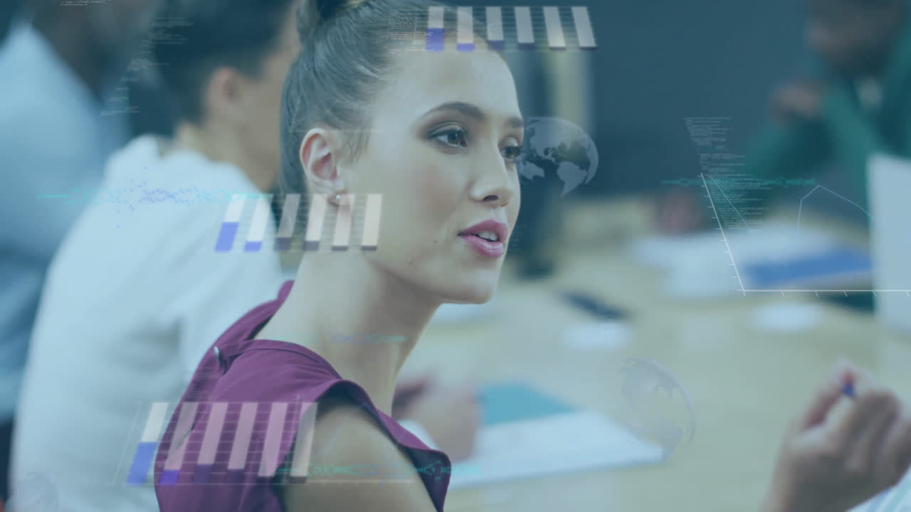 Businesswoman in meeting with data processing animation over diverse colleagues
