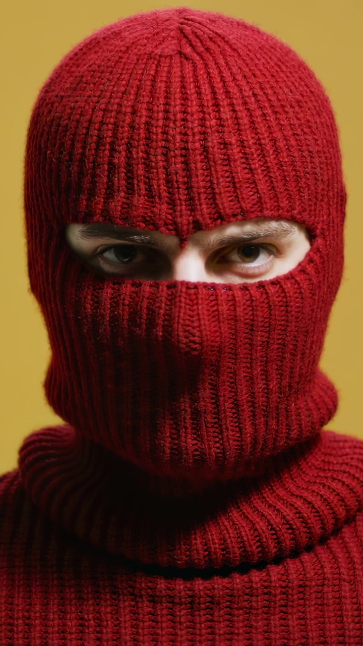 Vertical video: Holding still, man wearing red knit balaclava blinking in studio, with mustard wall