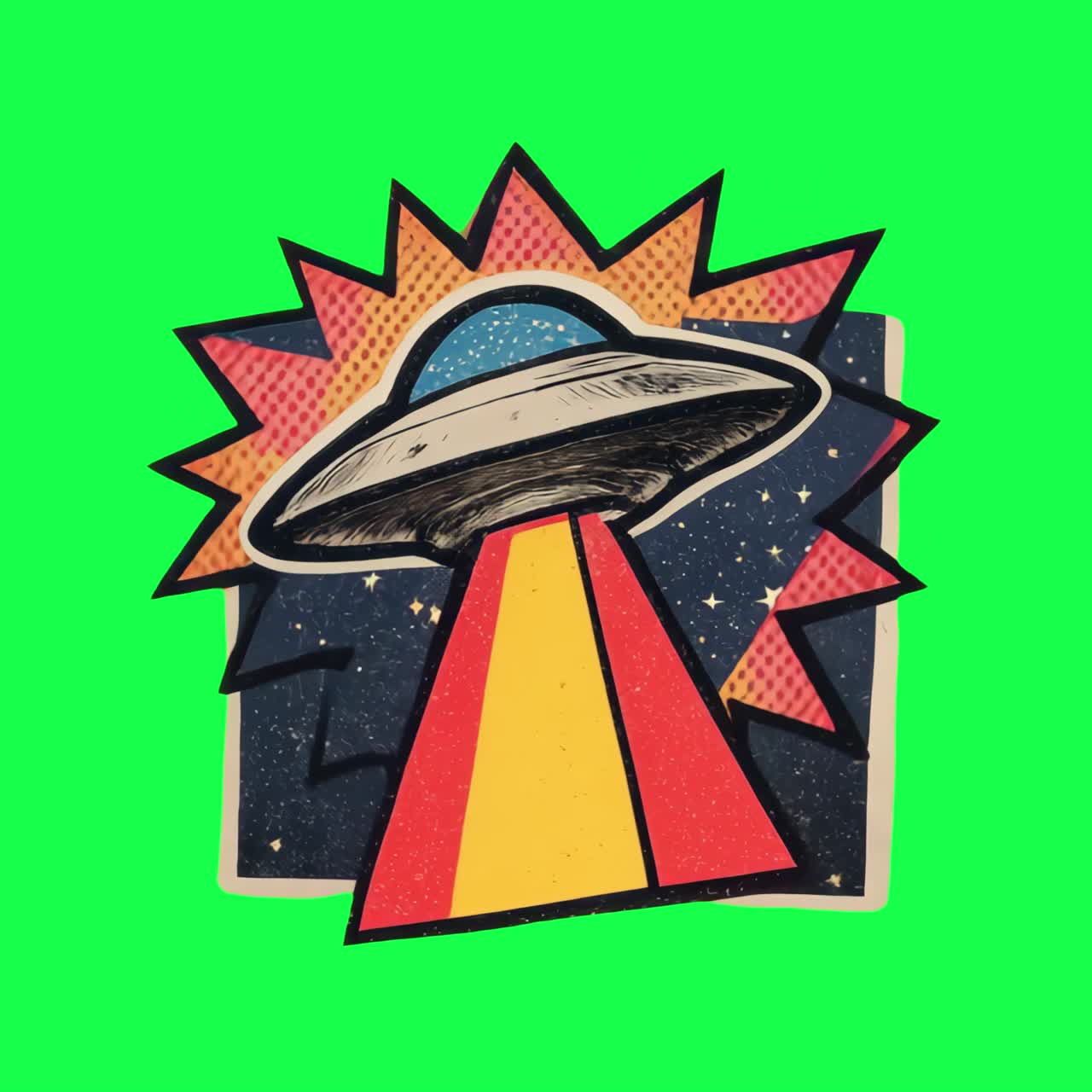 Animert retro UFO med lysstråle på grønn skjerm