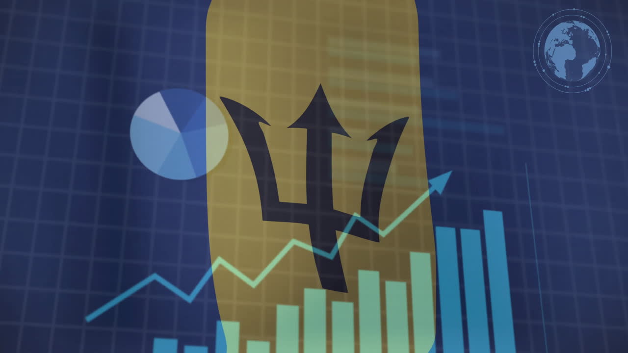 datos financieros y animación gráfica sobre la bandera de barbados