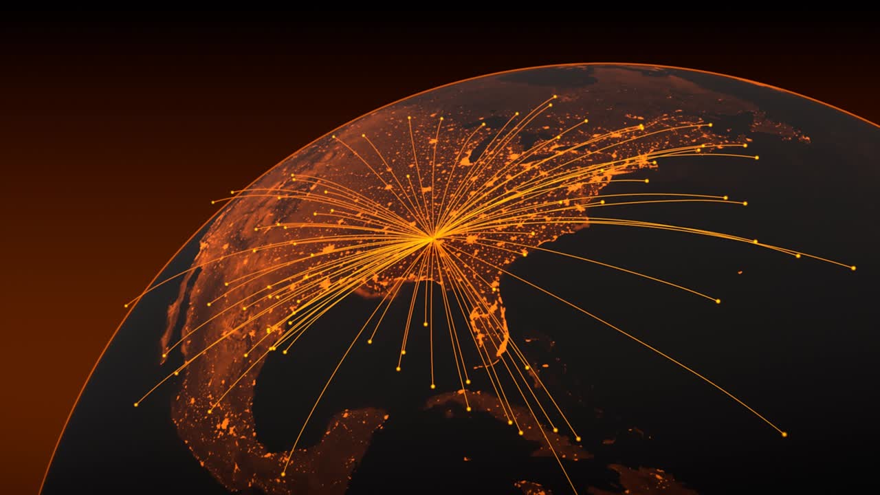 la globalización tecnológica de la tierra en animación 3d. puntos de negocios globales en un planeta giratorio.