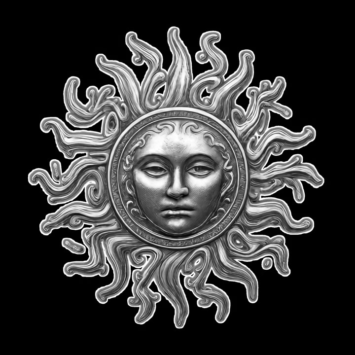 Emblema animato del sole d'argento con volto umano su sfondo nero
