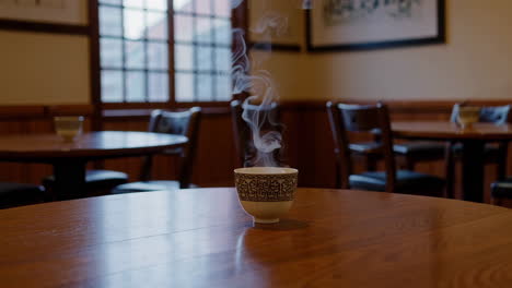 a steaming cup of tea in a traditional japanese cafe