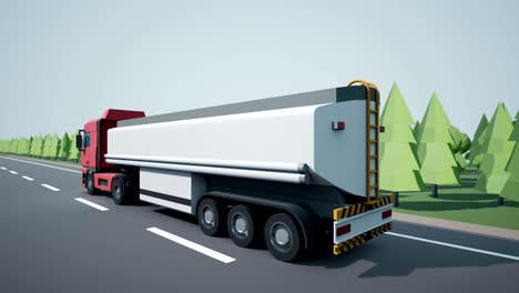 back view camera follows euro petrol or oil tanker truck and driving on highway. low poly graphics.