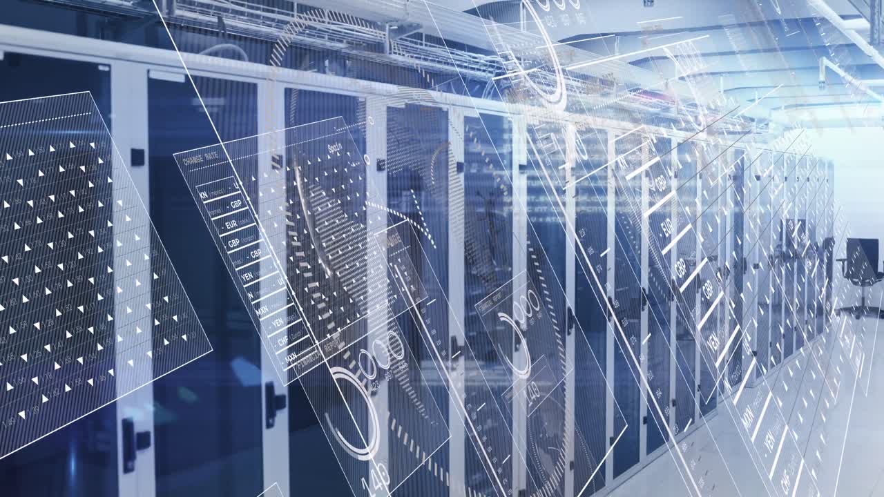 Animation of hud interface screens with currency signs and numbers over data server racks