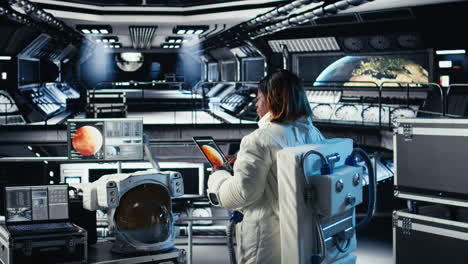 female astronaut performing routine maintenance in starship travelling to mars
