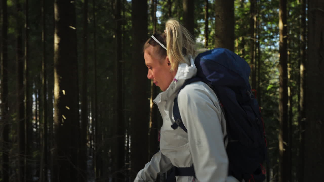 Portrait Of A Woman Hiker On The Mountain Trails Of Tatra Near Kasprowy Wierch, Poland. Tracking Shot