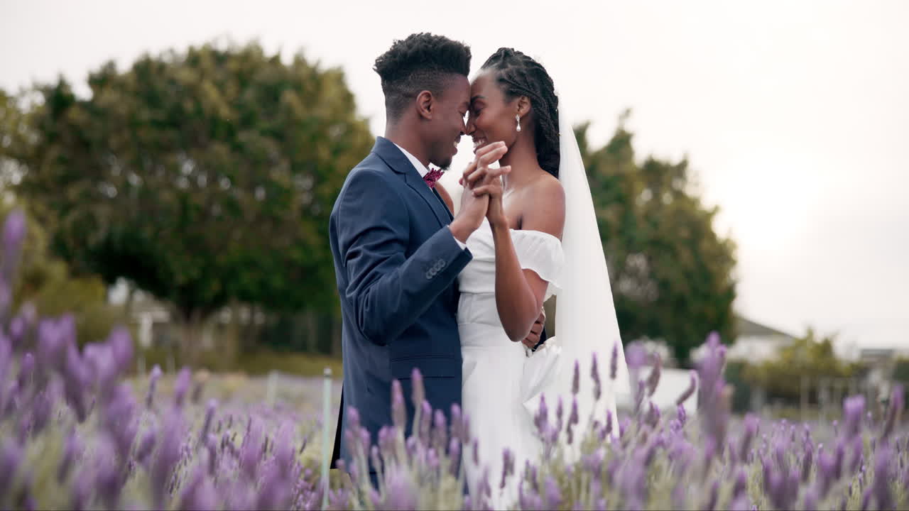 Wedding, dancing and black couple in garden