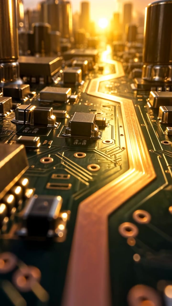 Camera advances over green circuitry while copper pathways lead toward golden light, with microchips and upright components shifting through shallow focus as metallic surfaces catch reflections.