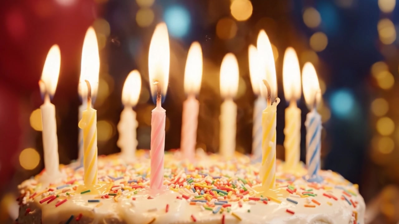 Una vivace celebrazione di compleanno con una deliziosa torta adornata con candele colorate e coriandoli festosi, perfetta per un'occasione gioiosa con amici e famiglia.