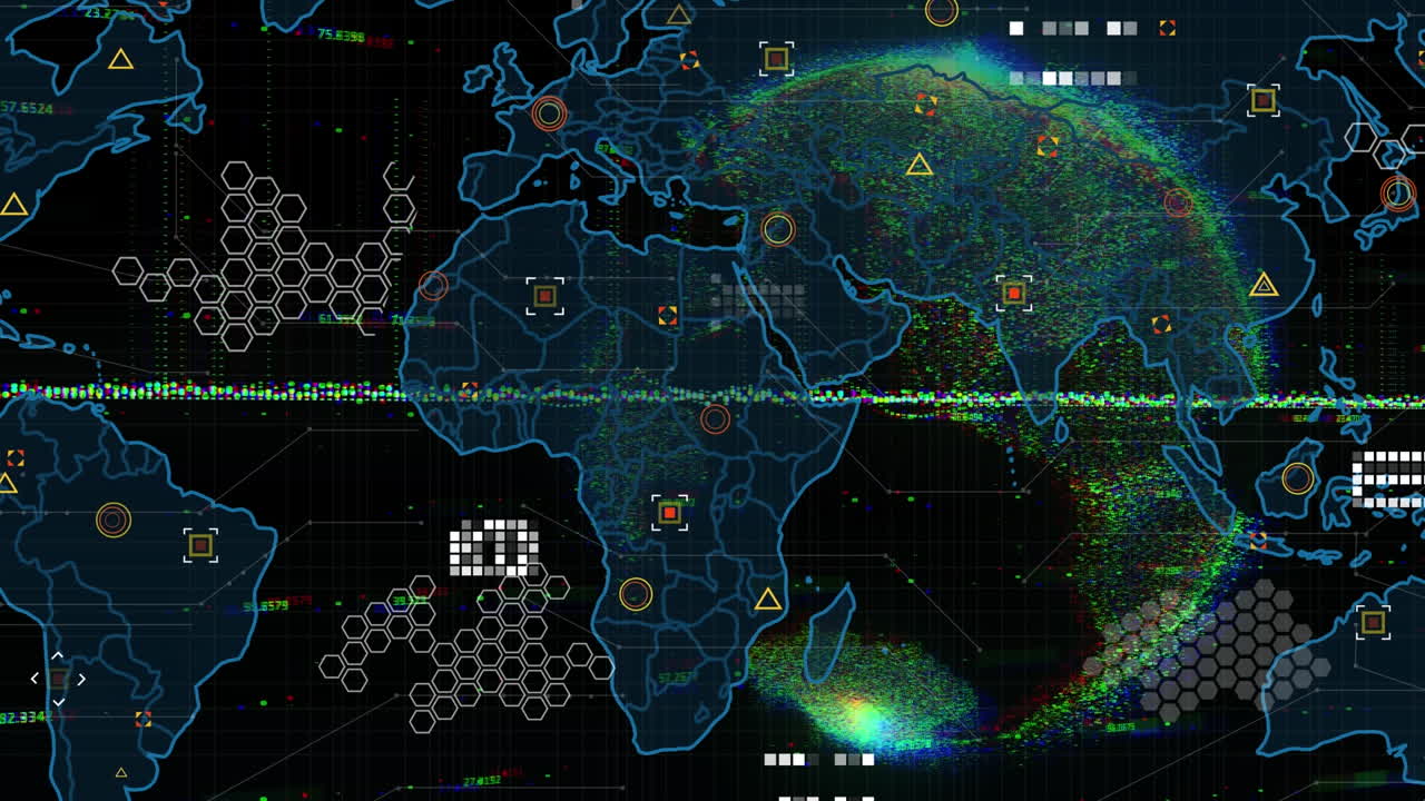 Animation of data processing with globe over world map on black background