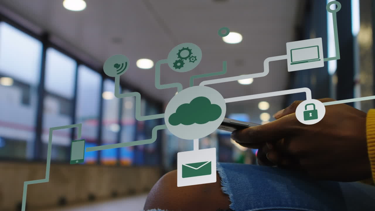 Animation of media icons over african american businesswoman using smartphone