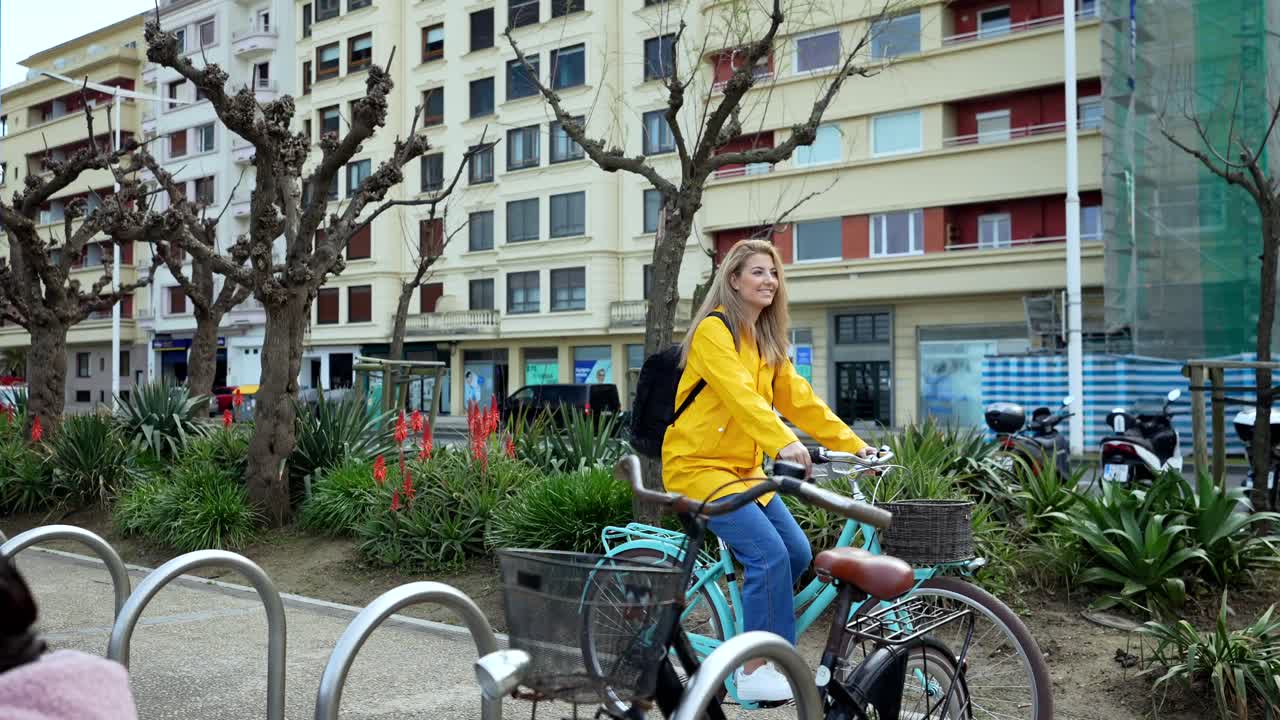 Woman riding a bicycle on a city street