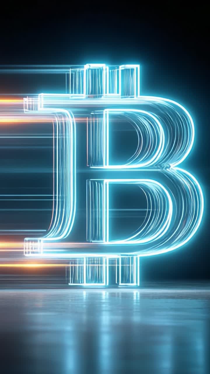 Rappresentazione dinamica di criptovaluta con un simbolo Bitcoin al neon che enfatizza la velocità e la modernità nella finanza digitale
