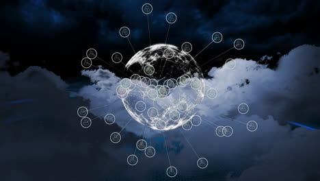 animation of globe with network of connections over sky with clouds