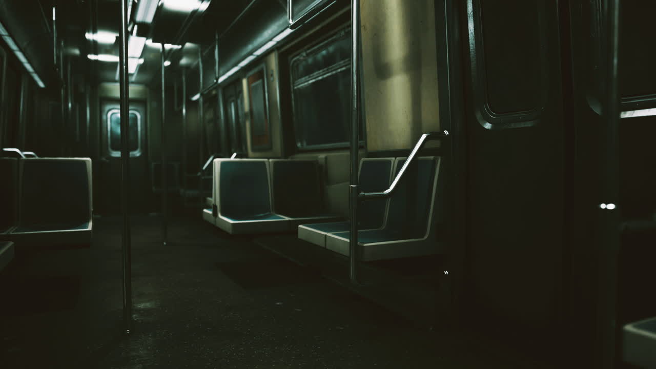 Interni di una carrozza della metropolitana vuota con illuminazione fioca di notte