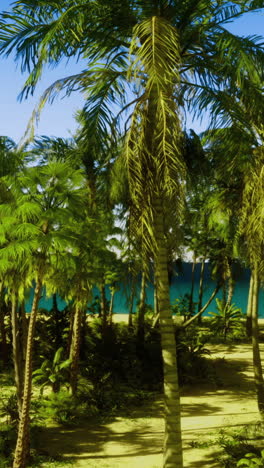 lush tropical landscape with palm trees near the sandy beach and ocean