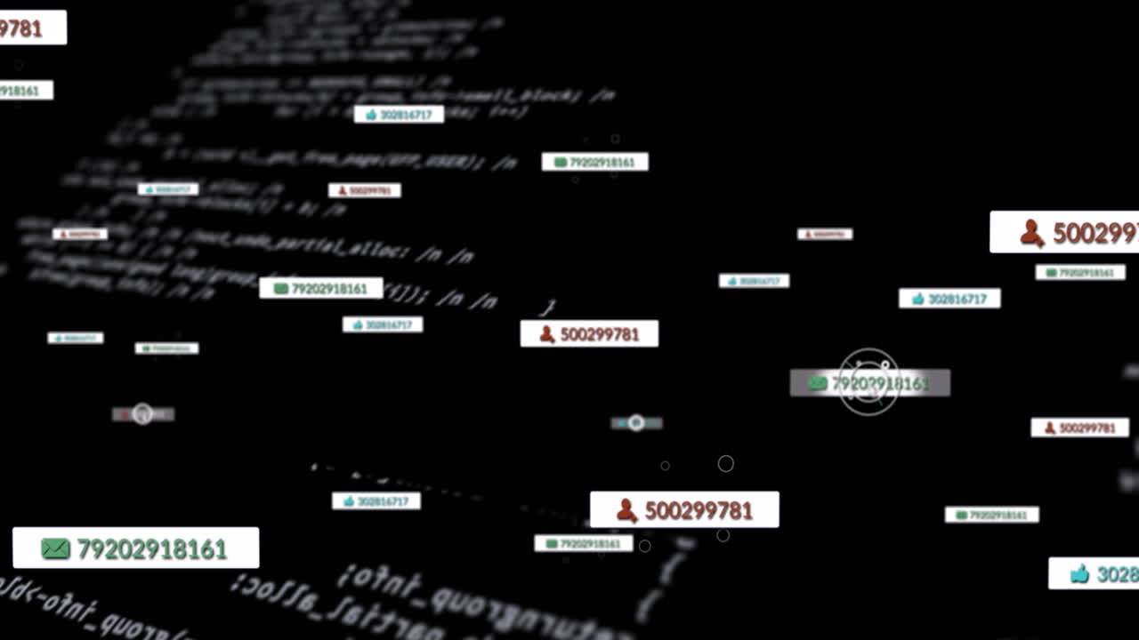 animación de iconos de redes sociales flotando sobre números cambiantes y procesamiento de datos en negro