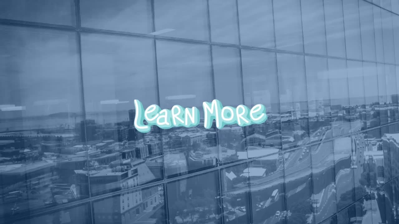 Animation of learn more text with lines over buildings and cityscape