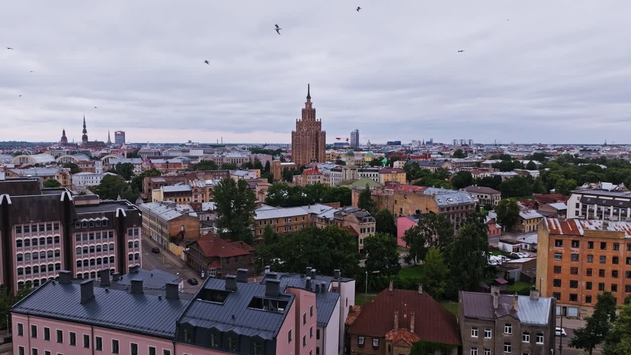 Establishing shot of Riga Latgale district, Academy Of Sciences Stalinist tower