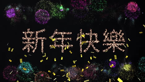 animation of happy new year text greetings over confetti and fireworks