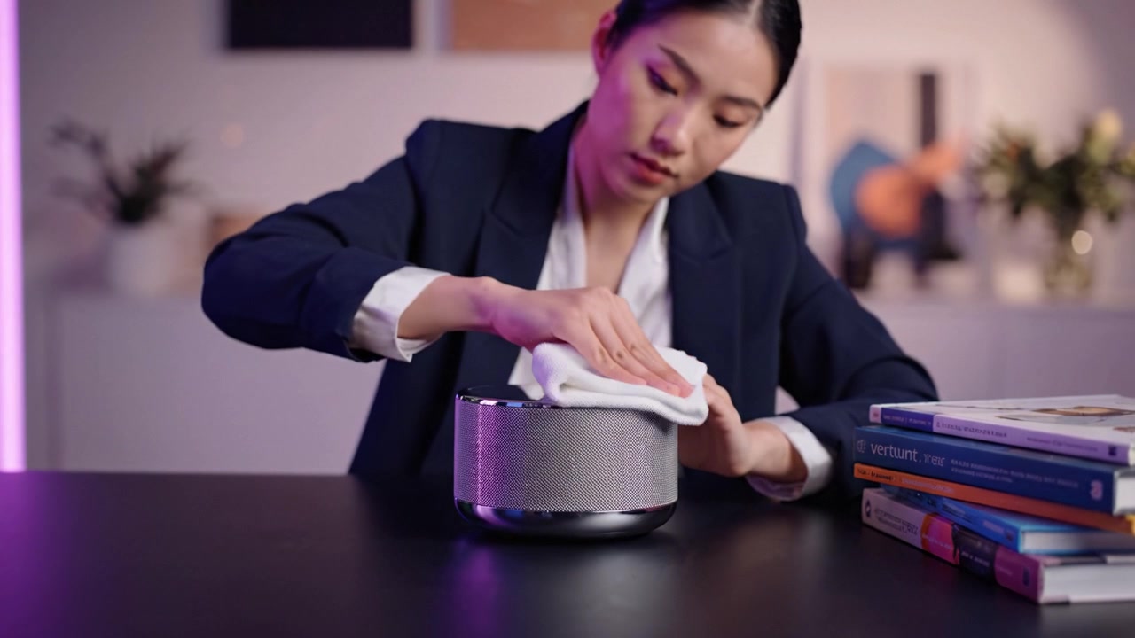 Un individuo concentrato pulisce delicatamente un altoparlante moderno, mostrando uno spazio di lavoro organizzato, incarnando professionalità e attenzione ai dettagli in un ambiente vivace