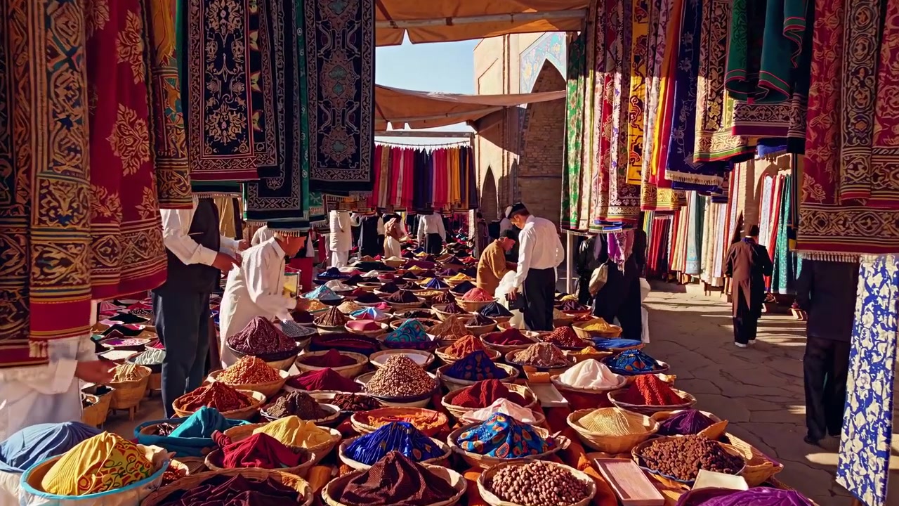 Semerkant, Özbekistan'daki Registan Meydanı ve Canlı Pazarın Havadan Görünümü