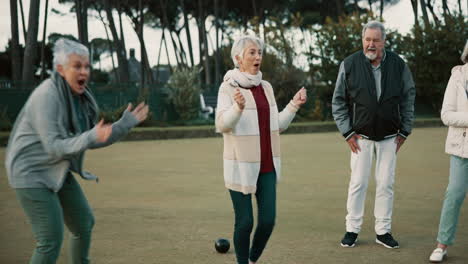 bowls, celebration and hugging with senior friends