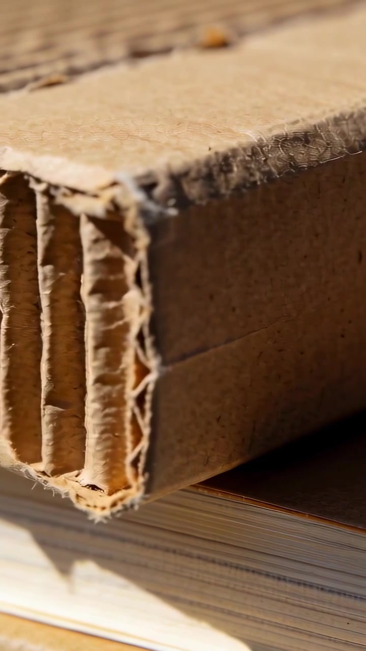 Vertikales Video: Schwenkende Kamera enthüllt eine Kartonecke auf einer Tischplatte, die Textur und Papiere zeigt.