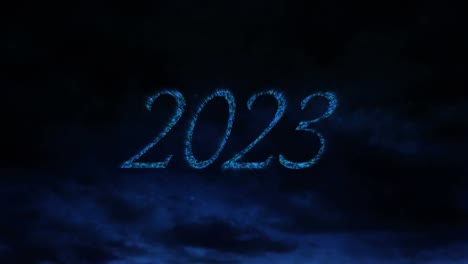 Animation-of-2023-text-in-blue-with-new-year-fireworks-exploding-in-night-sky