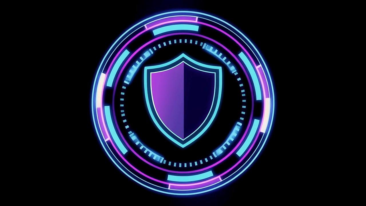 Animated Digital Shield Icon with Futuristic Neon HUD
