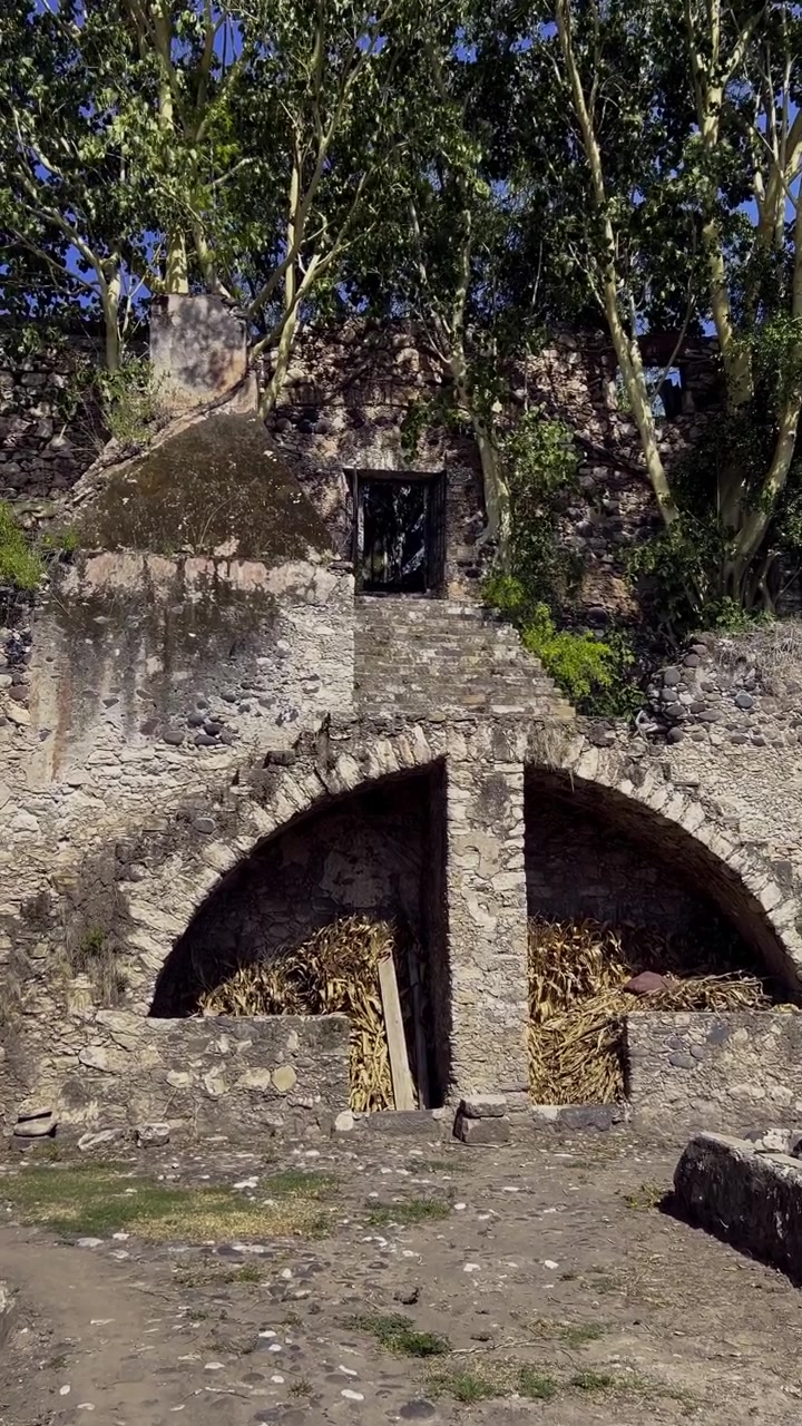 Muri in pietra erosi dal tempo e aperture ad arco fanno parte delle rovine di un'antica hacienda. Alberi crescono sopra la struttura mentre la luce del sole illumina la muratura e il terreno a Morelos, Messico