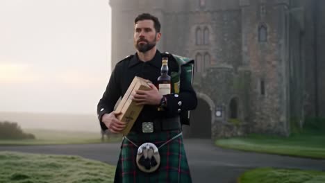 in a serene morning setting, a scottish man dressed in traditional attire carries a wooden box and whiskey near a historic castle surrounded by mist, capturing a moment of cultural heritage.