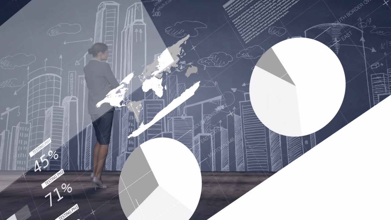 Observing city skyline, businesswoman viewing animation of data charts and world map