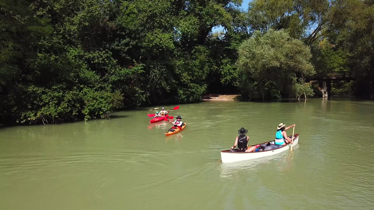 Aerial view of people kayaking on Danube river, Hungary