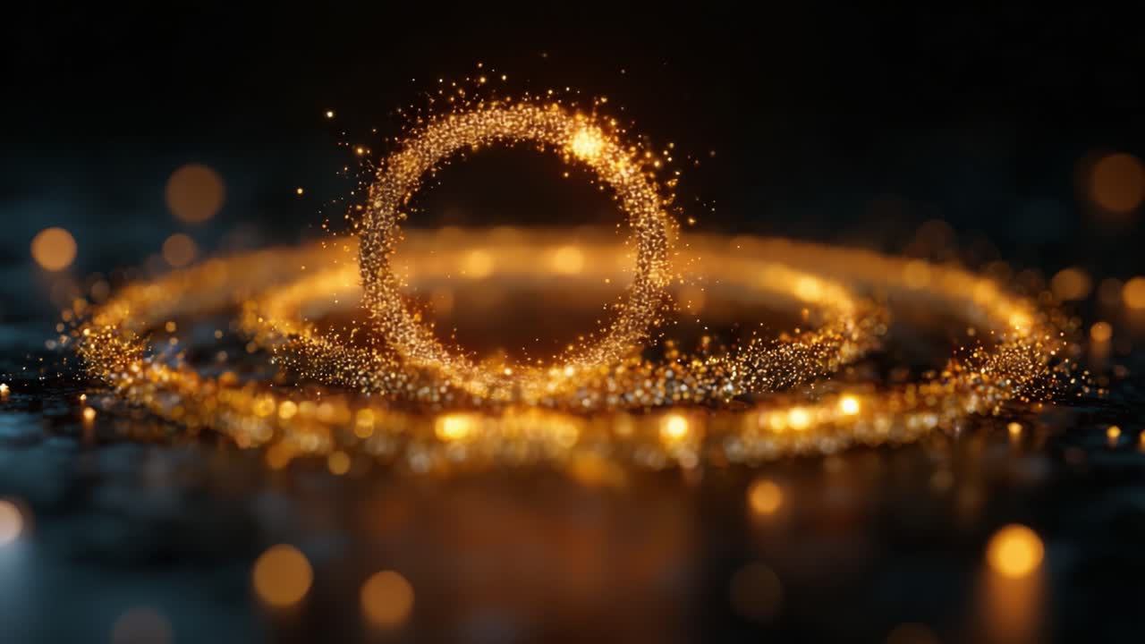 Una rappresentazione affascinante di cerchi dorati luminosi ed effetti scintillanti, che cattura l'essenza dell'eleganza, del movimento e della luce accattivante in un'esperienza visiva dinamica