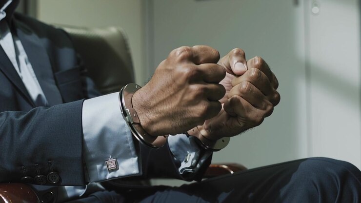 Punhos cerrados de um empresário enquanto testa as algemas após ter os pulsos presos no escritório, vestindo terno