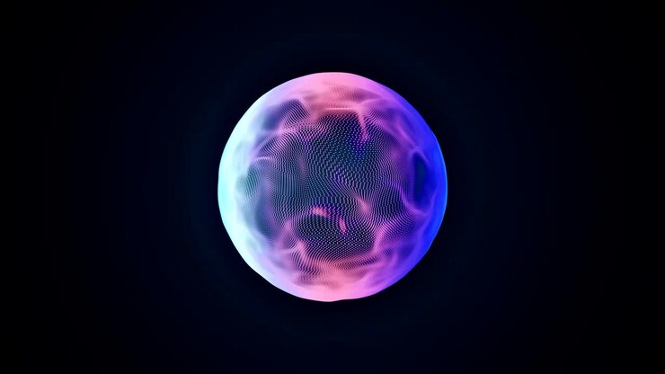 Abstract 3d animation. Colorful sphere made of audio reacting particles. Music background.