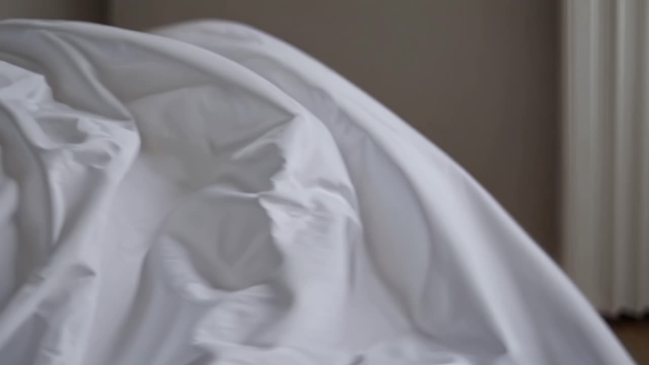 A soft-focus video still of crumpled white sheets on a bed, captured from a low angle