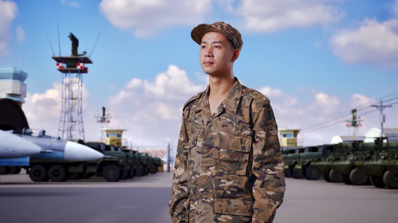 боковой вид азиатского мужчины солдат смотрит вокруг, стоя в военном лагере