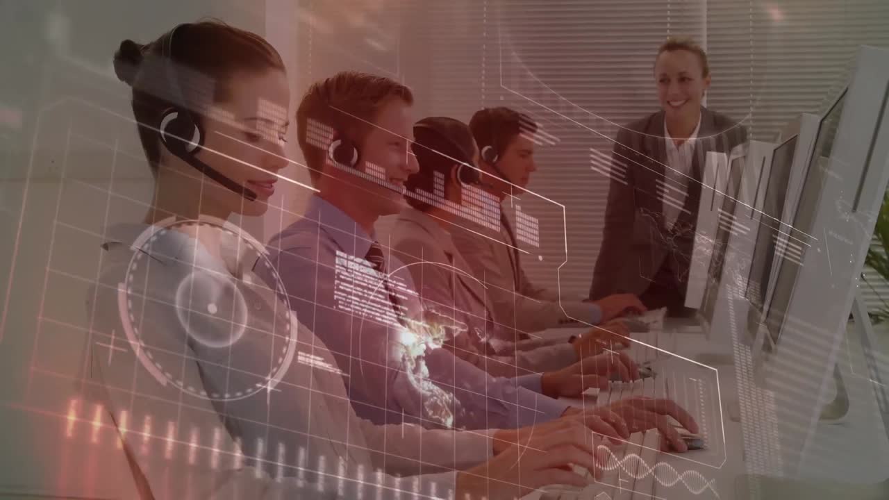 사무실에서 일하는 사업가들에 대한 금융 데이터 처리 활성화