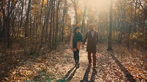 couple walking hand-in-hand in autumn forest