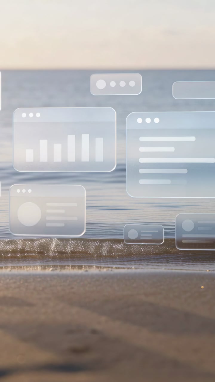 Vertical video: Drifting UI panels shifting over sandy shore by parallax, showcasing chart avatar