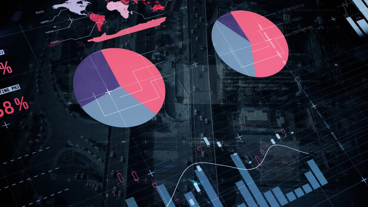 Animation av statistik och databehandling över en stadssilhuett