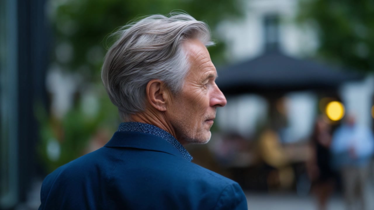 Elegante Uomo Maturo con Capelli Argentati in Abito Blu, Immerso in un'Atmosfera Sociale con Amici e Ospiti in un Vivace Contesto Esterno