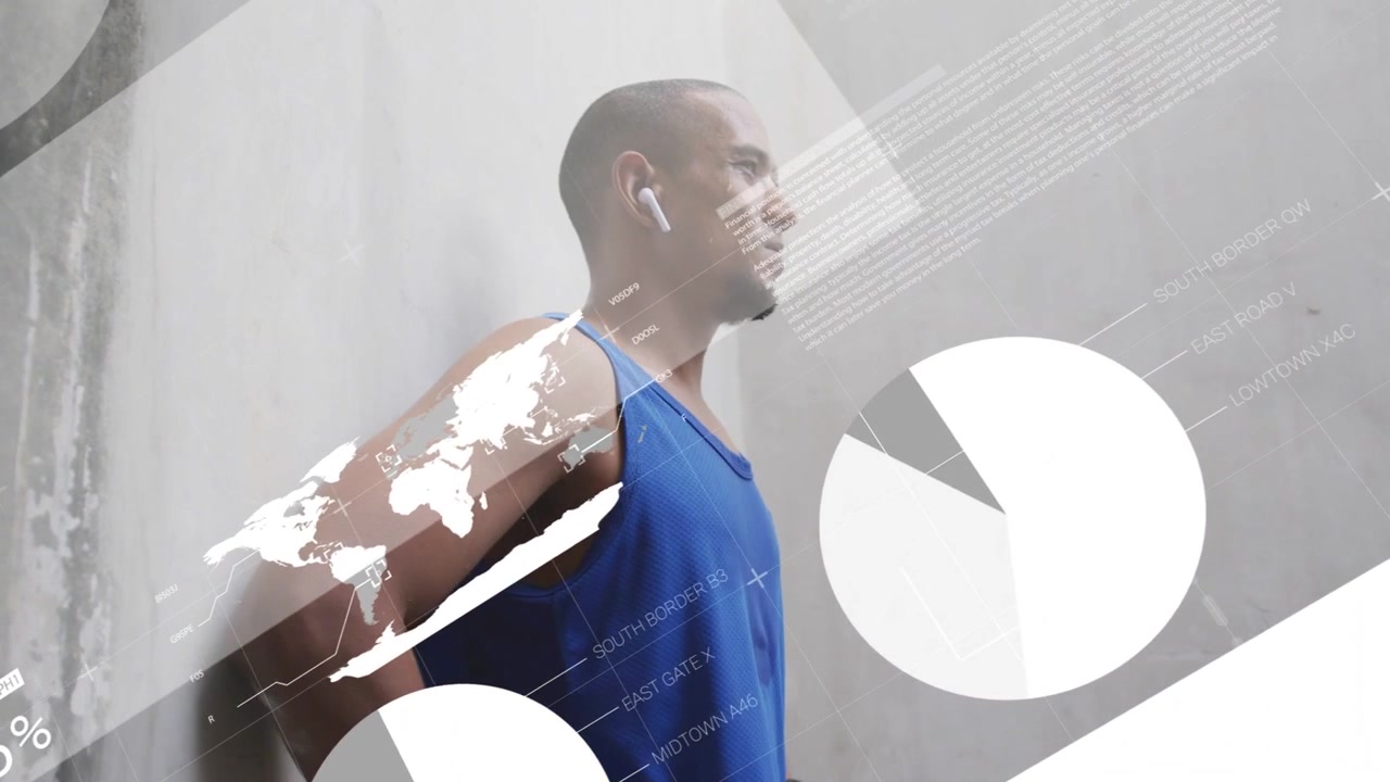 Vertical video: Reacting to data moving left, man checking watch at wall, in blue tank and earbuds
